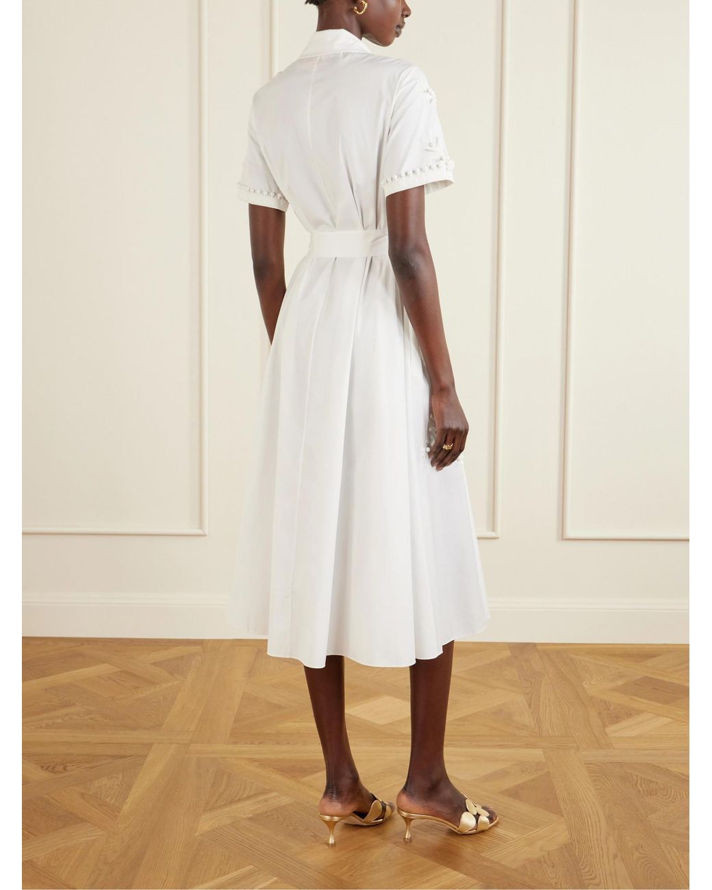 Carolina Herrera White Belted Embroidered Cotton-Blend Poplin Midi Shirt Dress