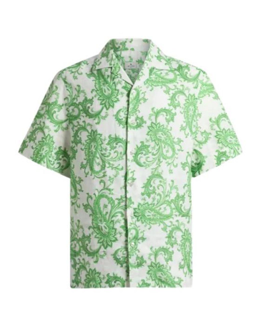 Etro Green Linen Bowling Shirt With Paisley Motif for men