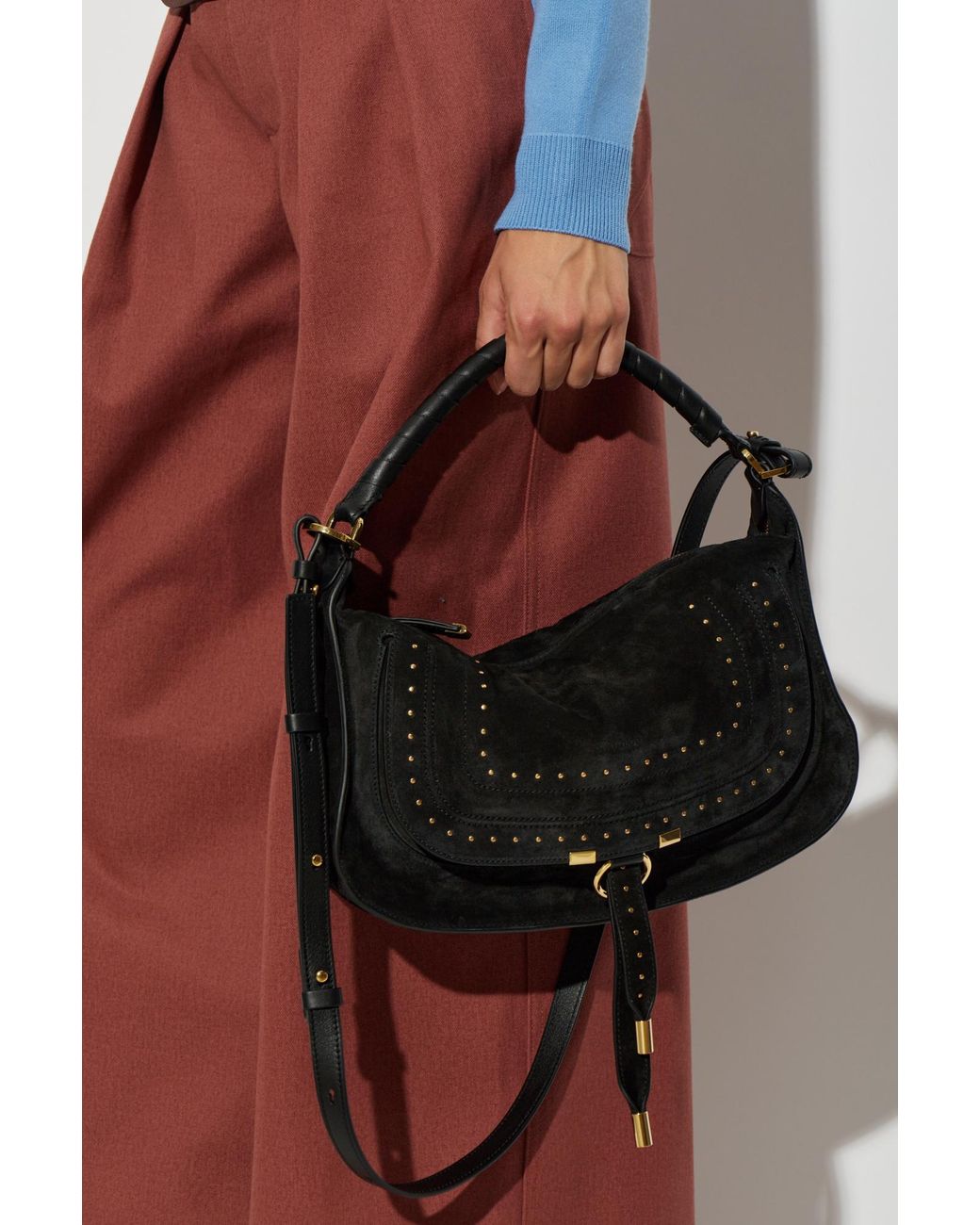 Chloé Black Chloé Marcie Small Studded Velvet Shoulder Bag