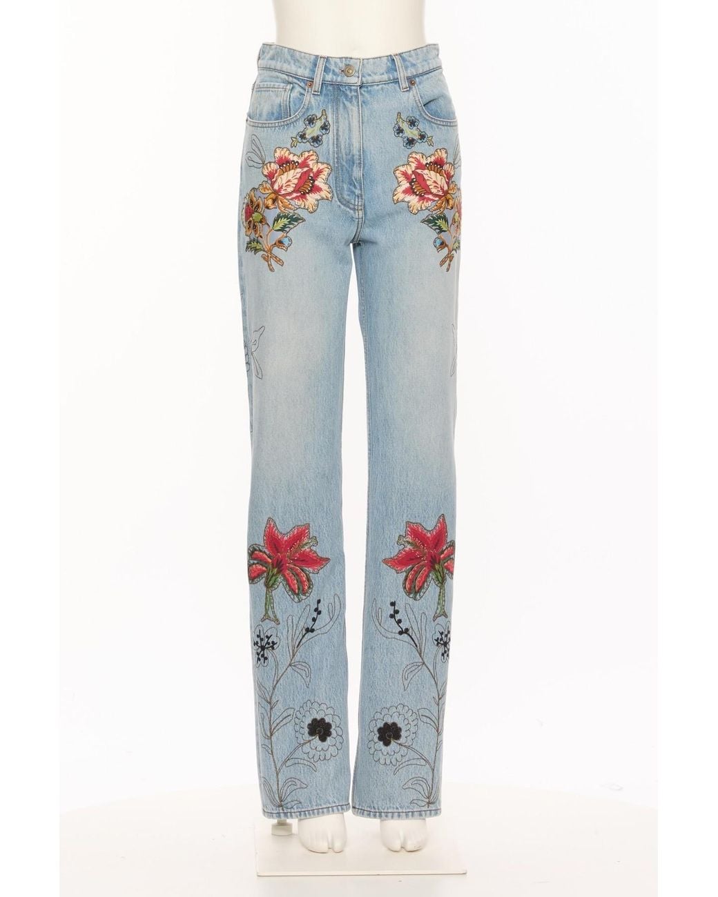 Valentino Blue Floral Embroidered Straight Leg Jeans