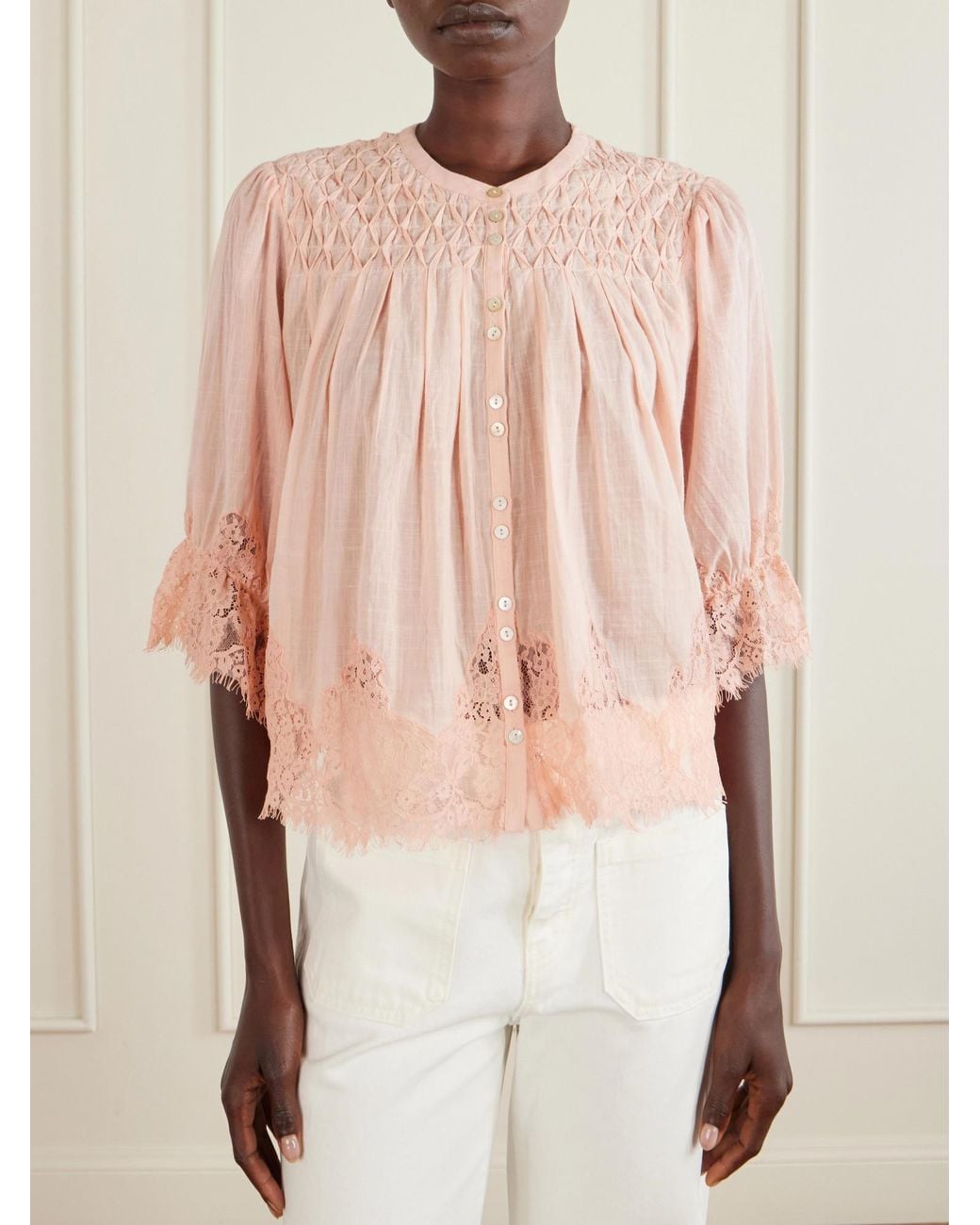 Rixo Natural Shirred Lace-Trimmed Cotton-Voile Blouse