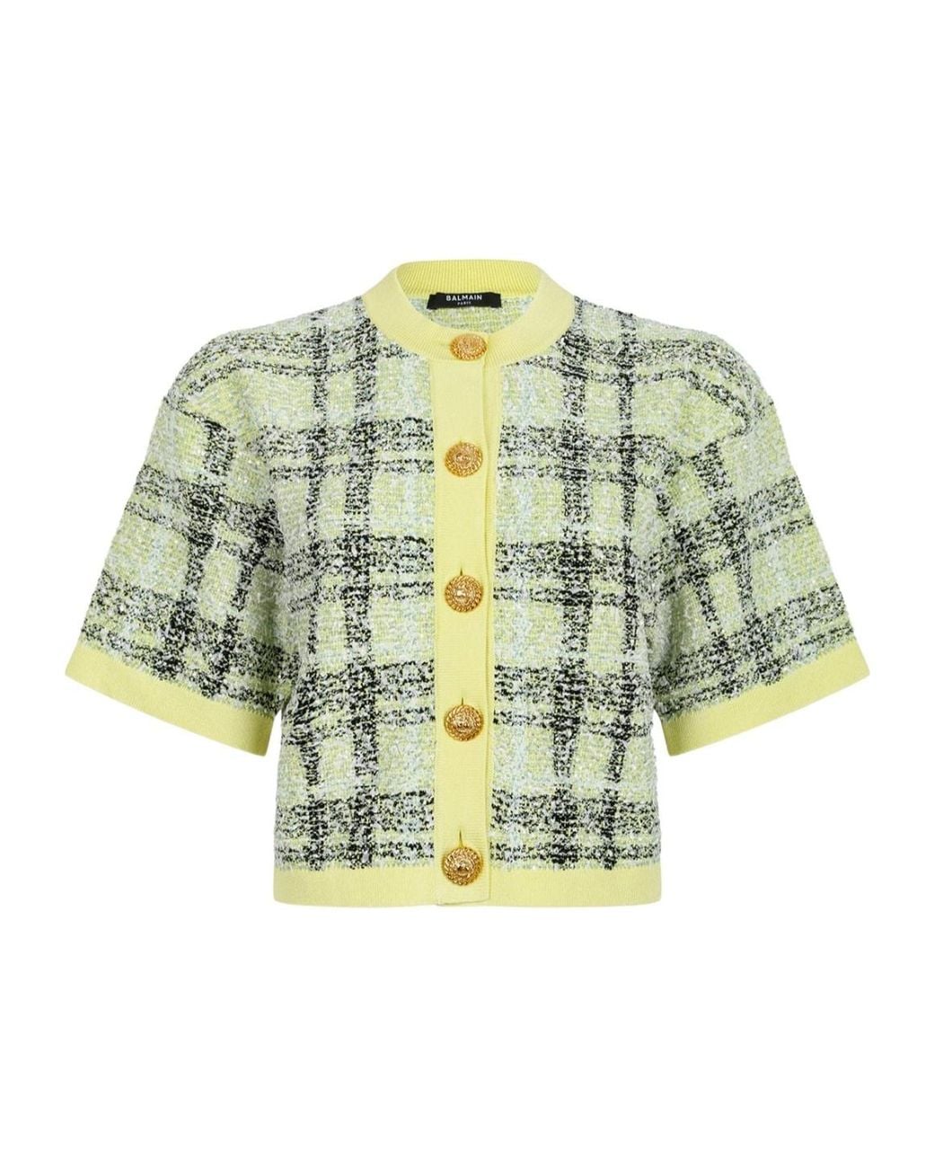 Balmain Green Buttoned Check Tweed Cardigan