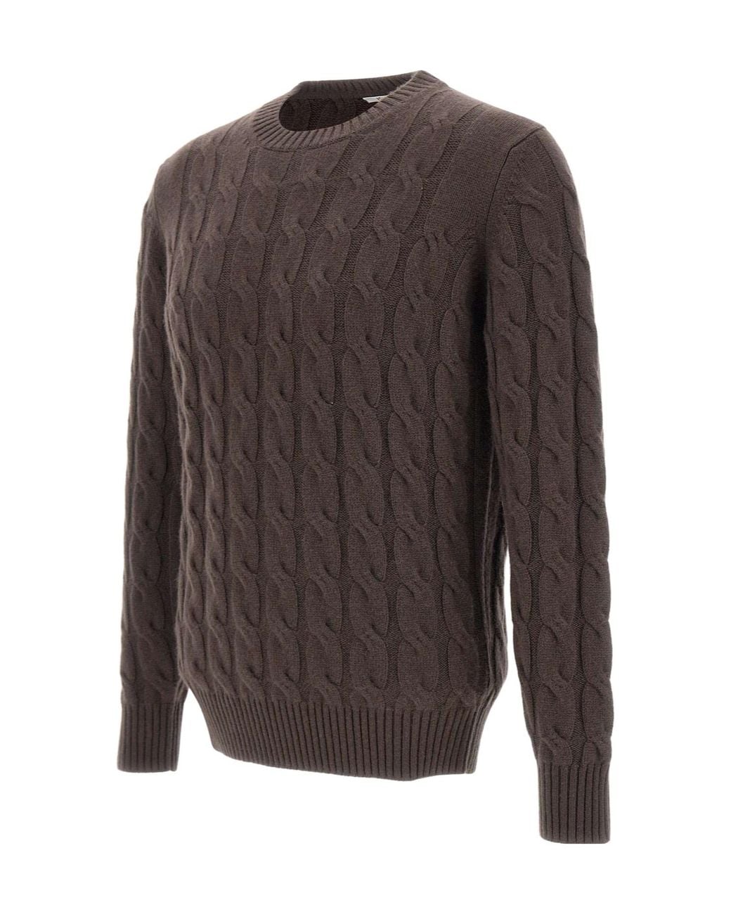 Kangra Cashmere Brown Kangra Cable-Knit Crew Neck Knitted Sweater for men