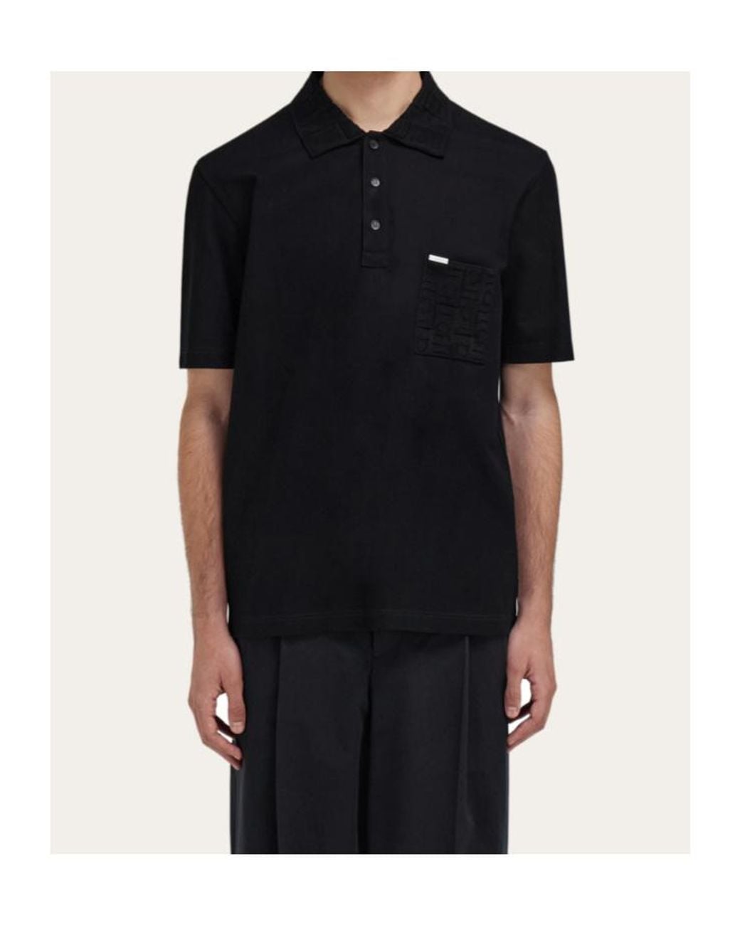 Ferragamo Black V-Neck Polo With Jacquard Pocket Detail for men