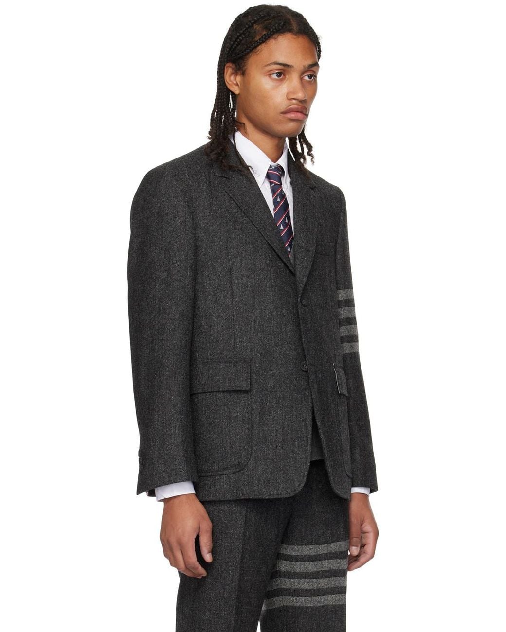 Thom Browne Gray Stripe-Detailed Single-Breasted Tailored Blazer for men