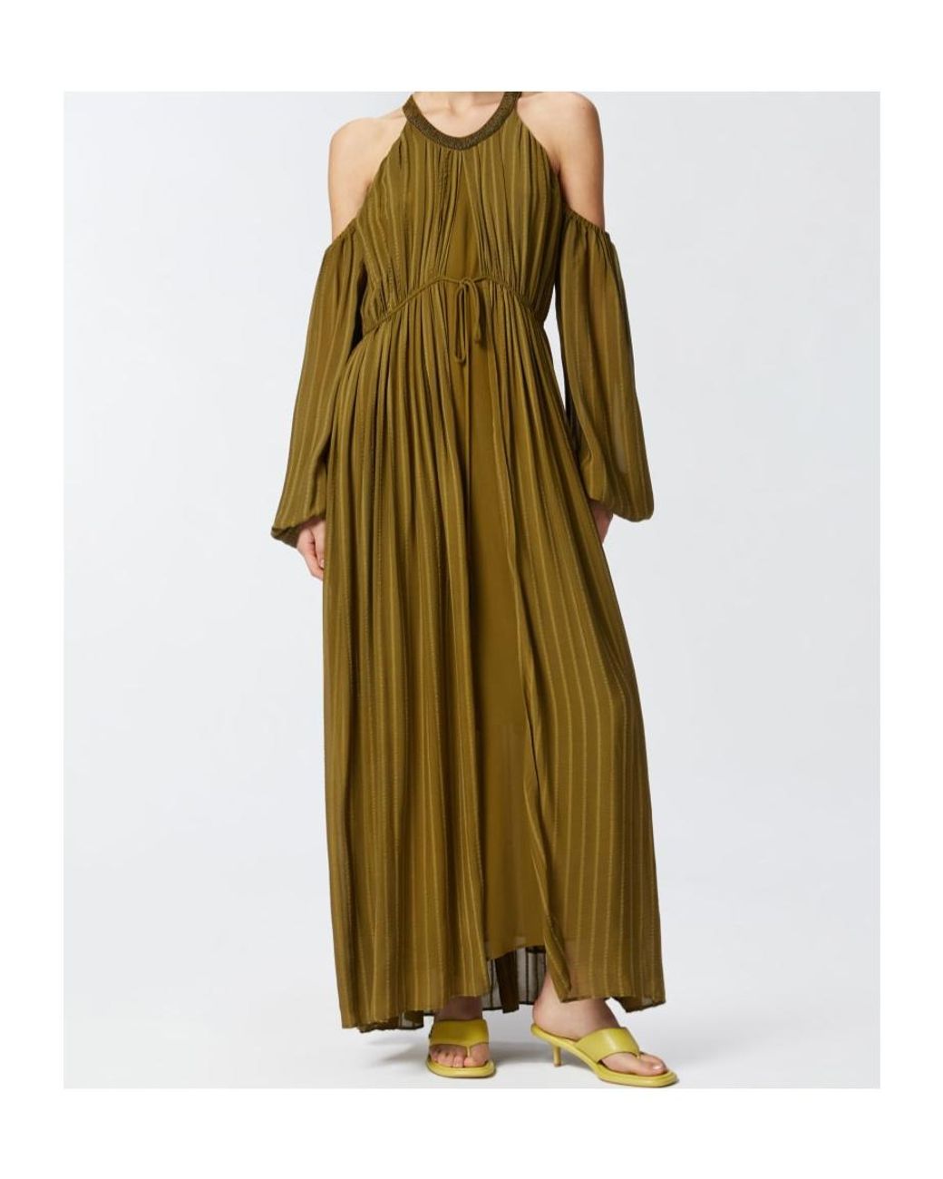 Pinko Green Long-Sleeved Pleated Midi Dress