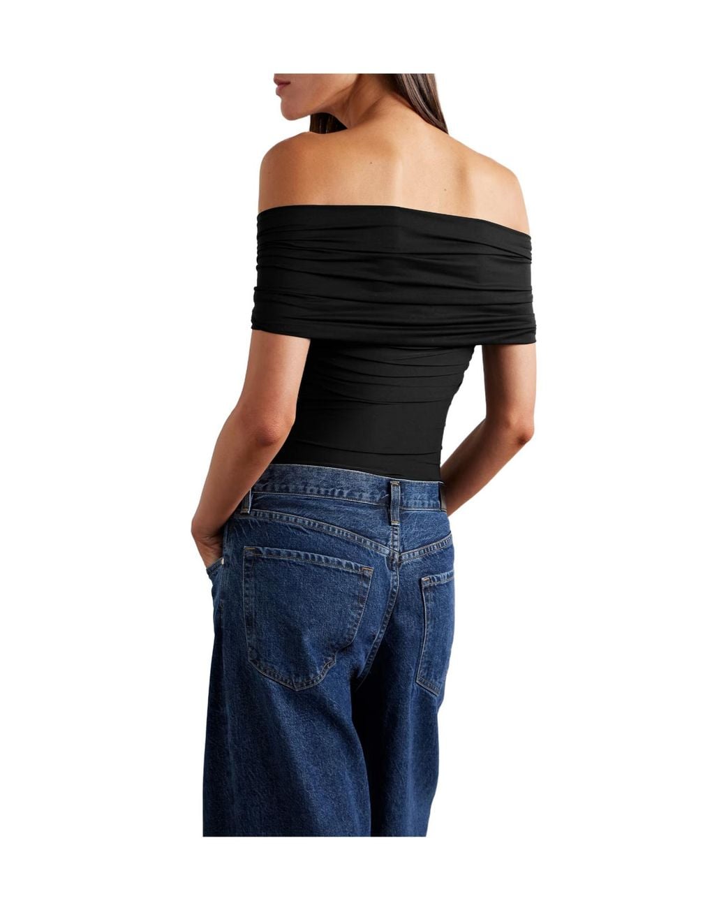 Goldsign Black Off-The-Shoulder Twist-Front Ruched Stretch-Jersey Thong Bodysuit
