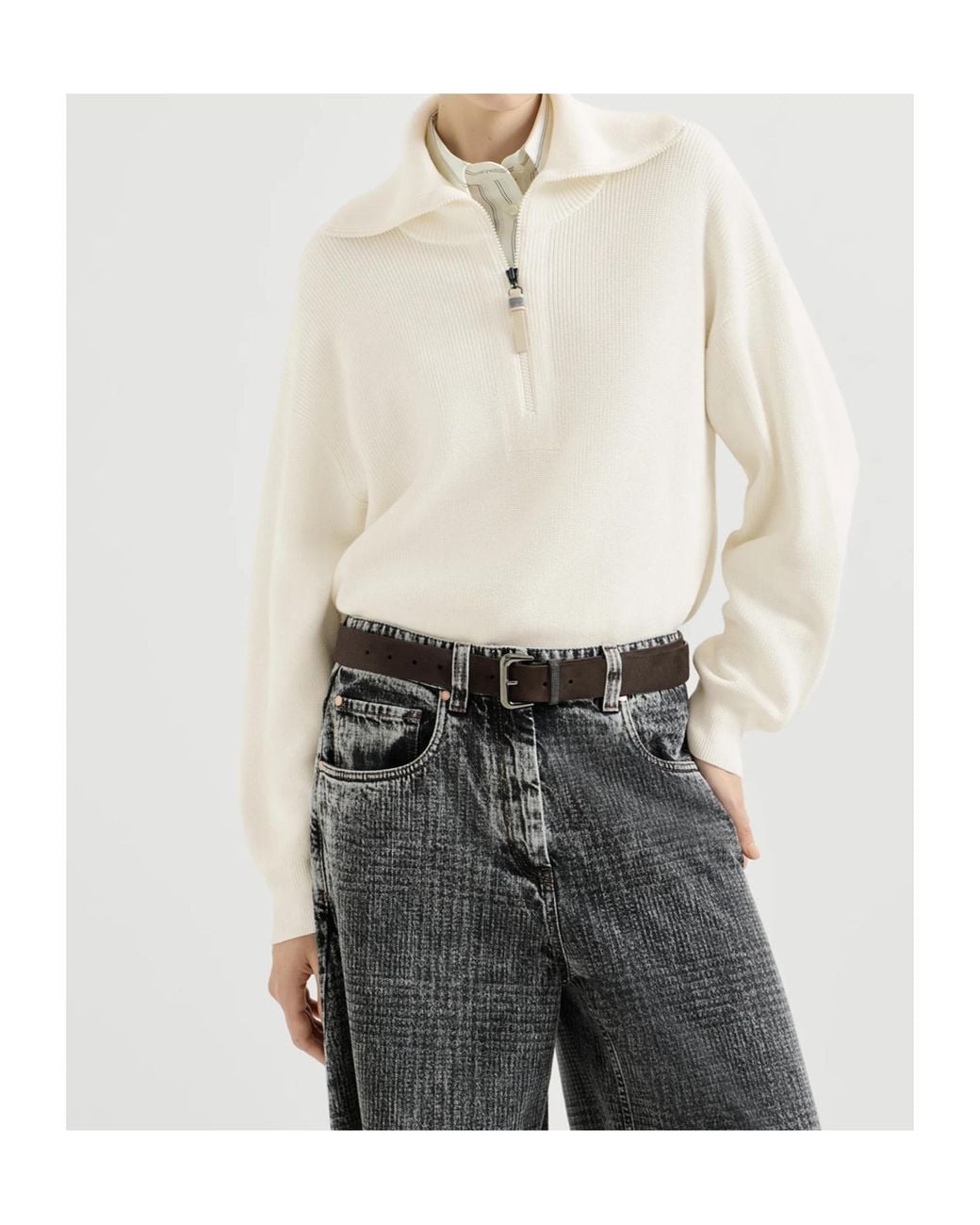 Brunello Cucinelli White Cotton Half-Zip Sweater