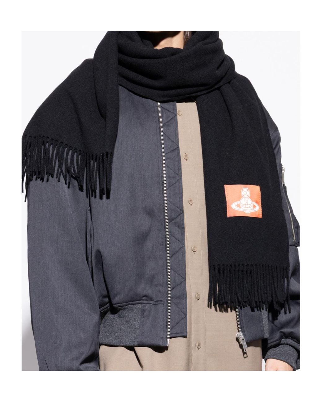 Vivienne Westwood Black Logo-Patch Fringed Scarf for men