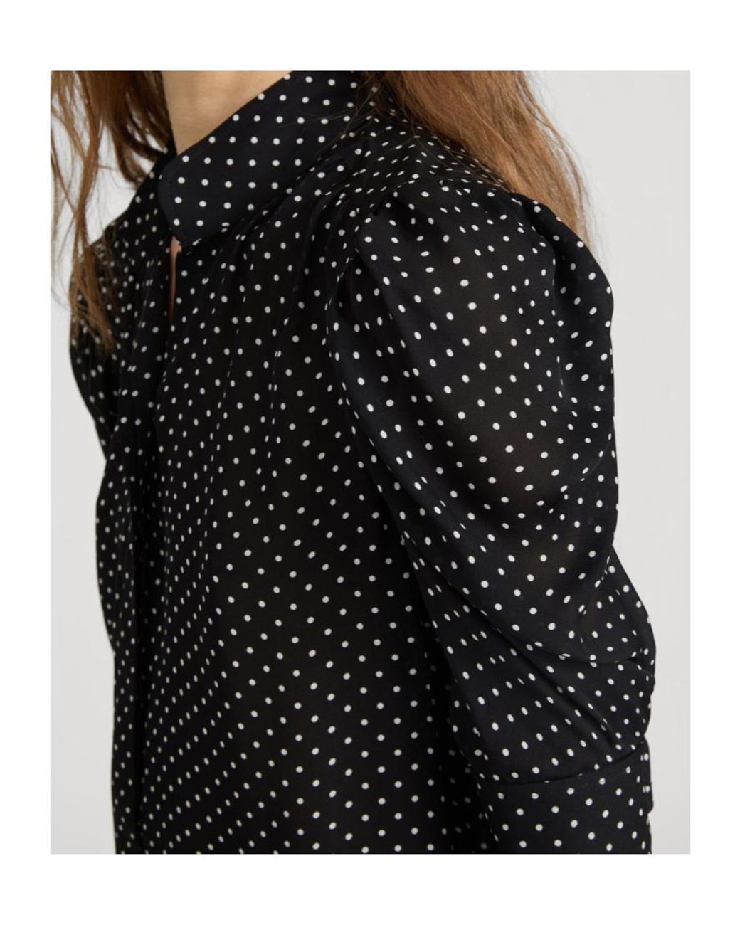 FRAME Black Ruched-Sleeve Polka Dot Top