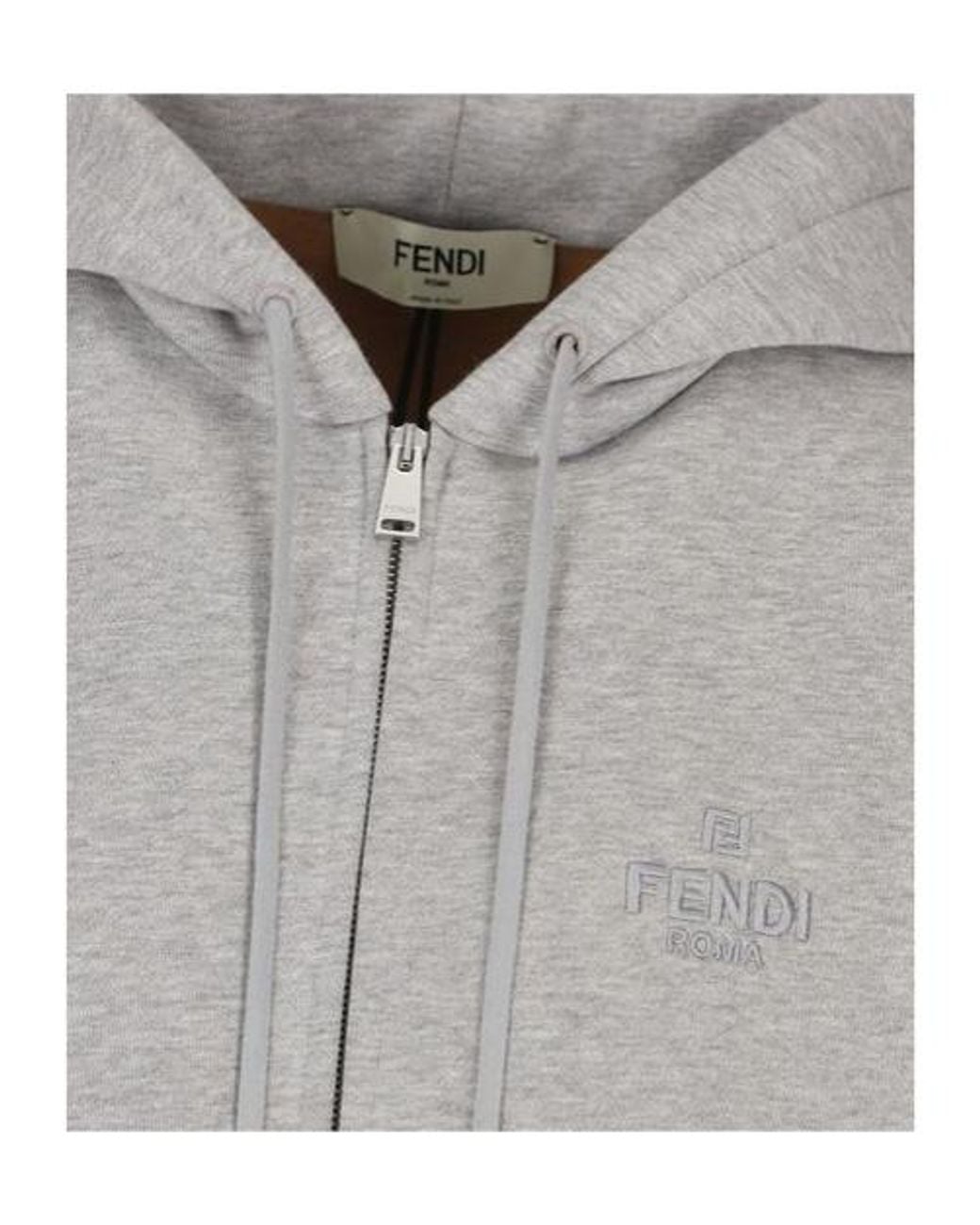 Fendi Gray Logo Embroidered Zip-Up Drawstring Hoodie