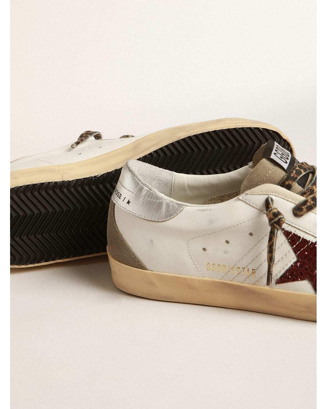 Golden Goose Deluxe Brand Brown Super-Star With Burgundy Glitter Star And Heel Tab