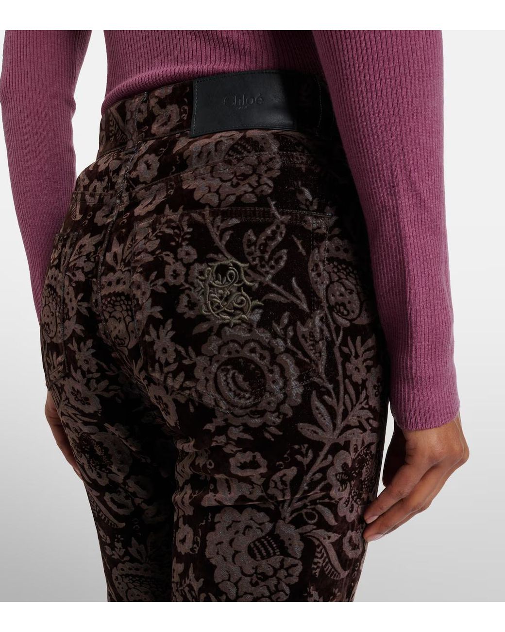 Chloé Black Floral High-Rise Velvet Straight Pants