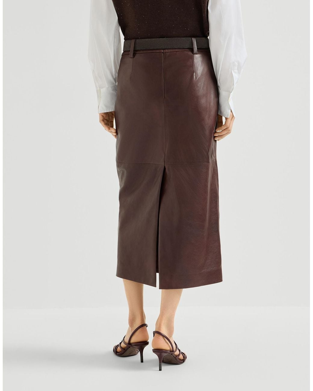 Brunello Cucinelli Brown Polished Nappa Leather Pencil Skirt