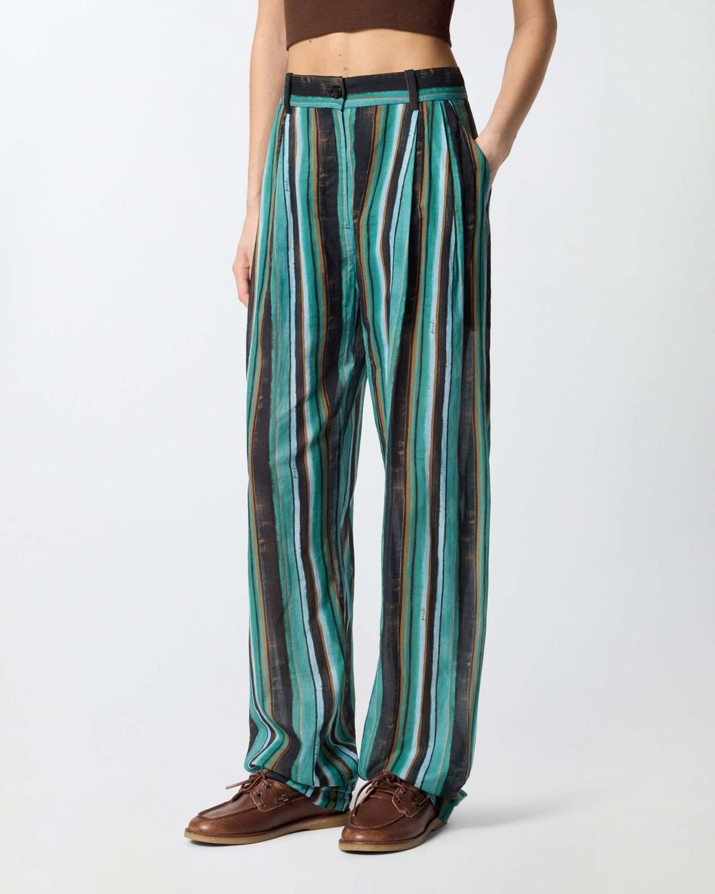 Pinko Green Striped Pleated Straight Trousers