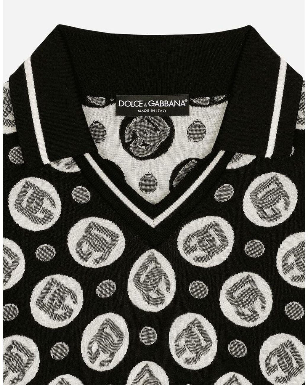 Dolce & Gabbana Black Logo-Print Silk Polo Shirt for men