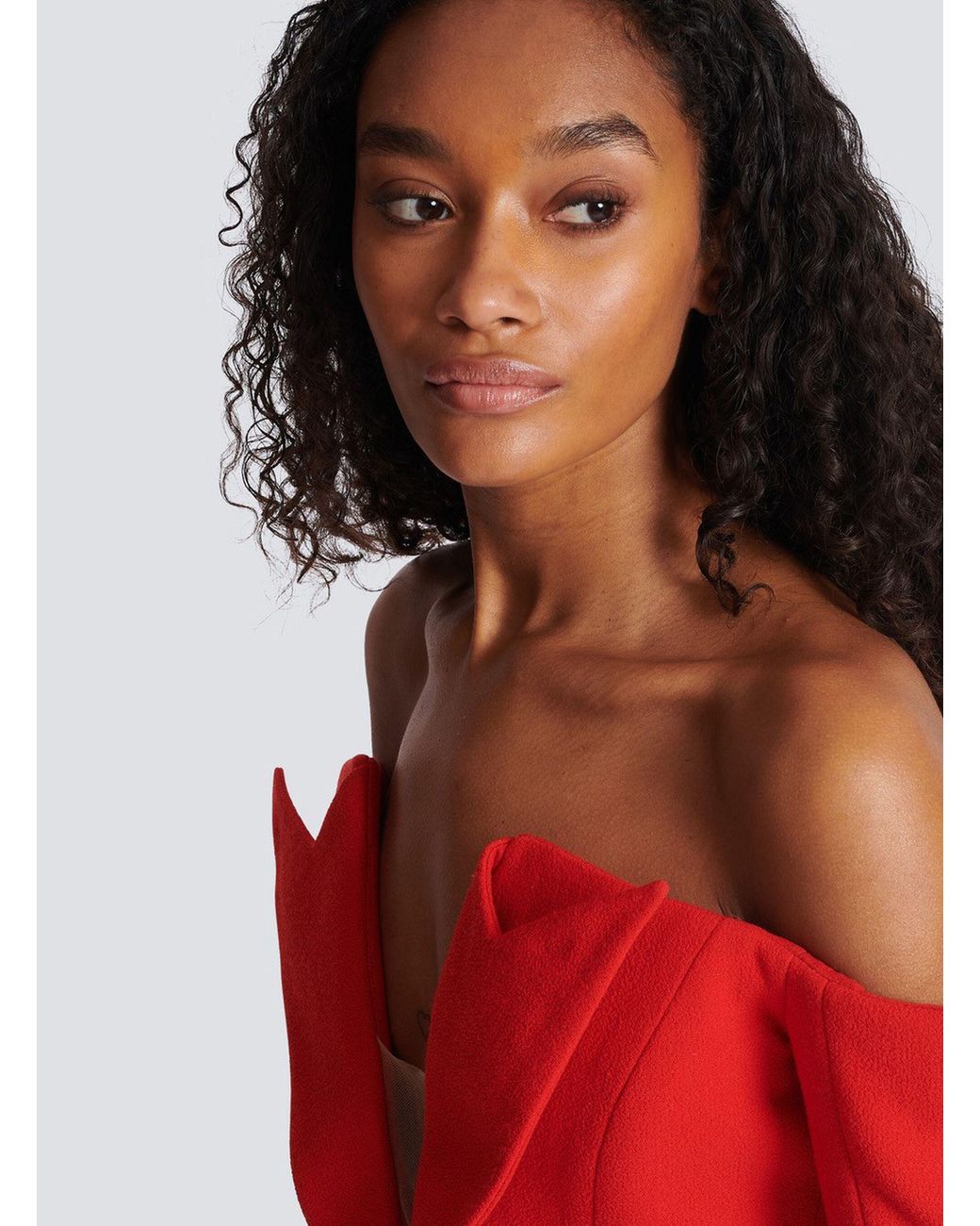 Balmain Red Off-The-Shoulder Peplum Top