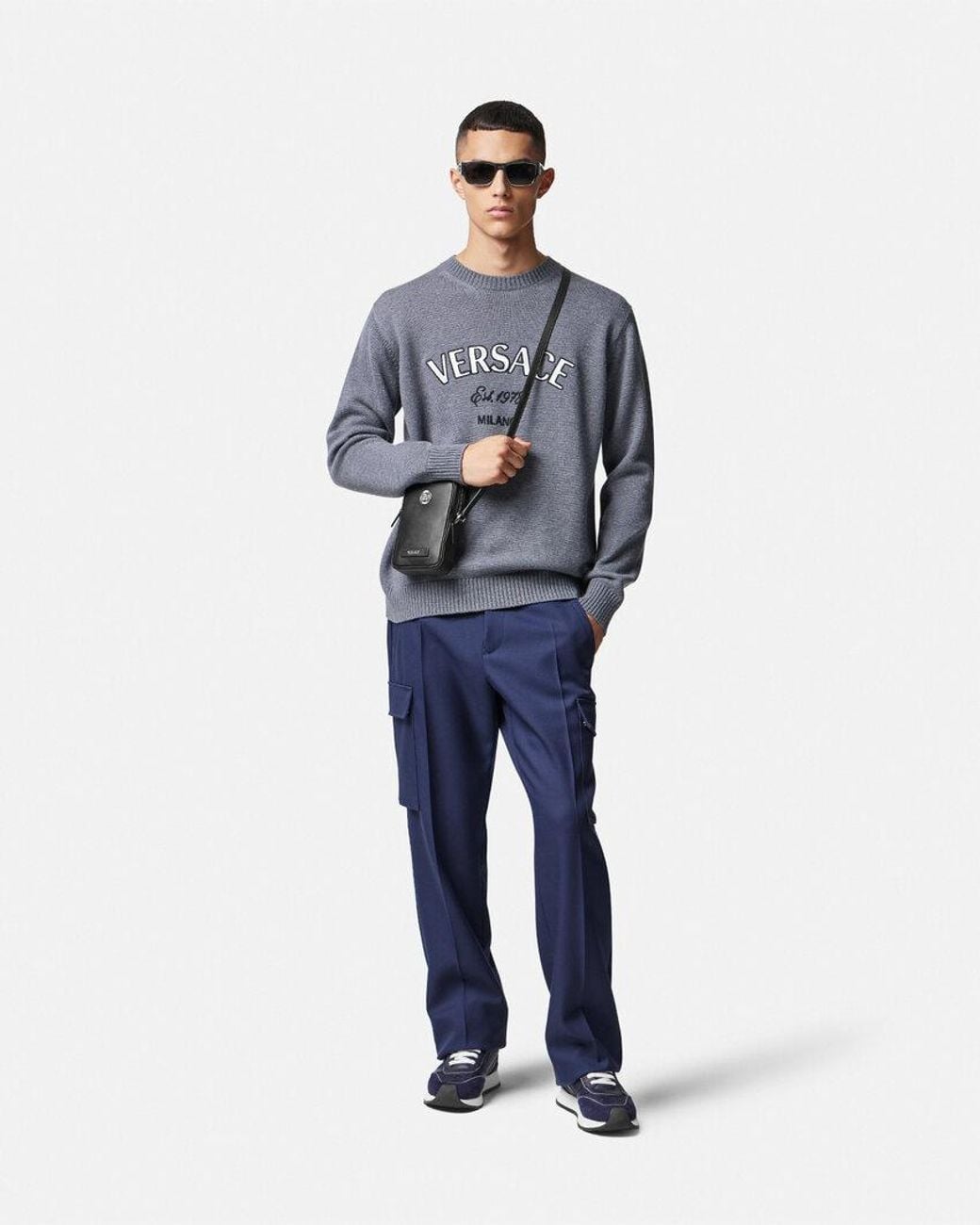 Versace Gray Logo-Embroidered Crewneck Jumper for men
