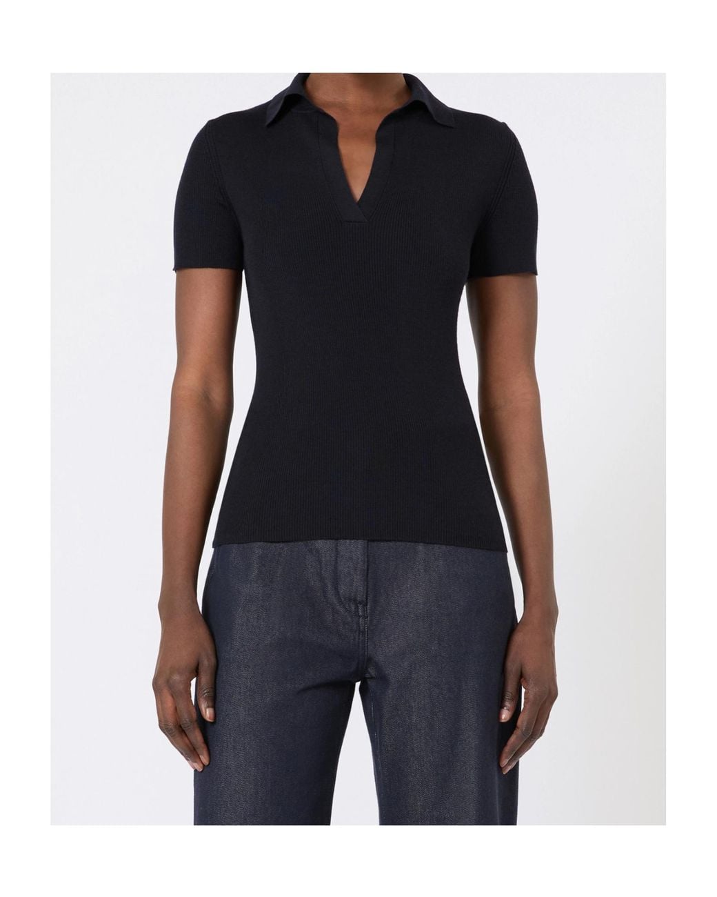 Max Mara Black Albero Short-Sleeved Ribbed Polo Shirt