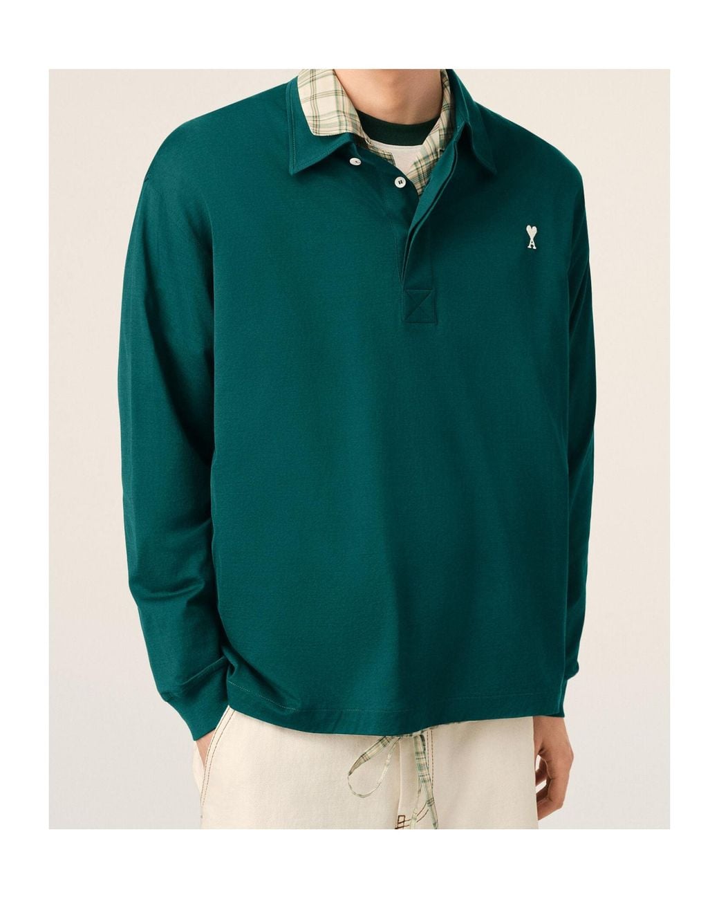 AMI Green Ami Logo Embroidered Long Sleeved Polo Shirt for men