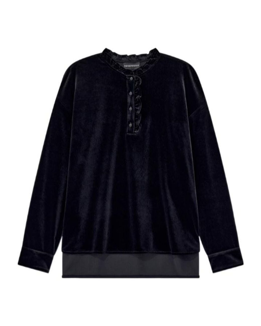 Emporio Armani Blue Chenille Jumper With Ruffled Neckline And Button Placket