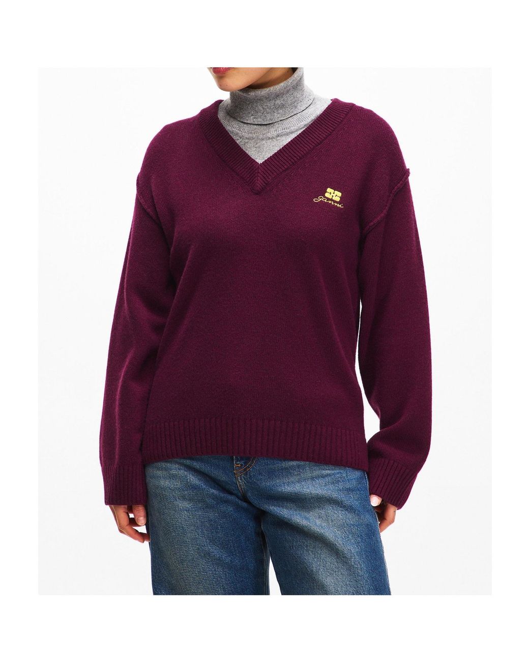 Ganni Purple V-Neck Knit Sweater