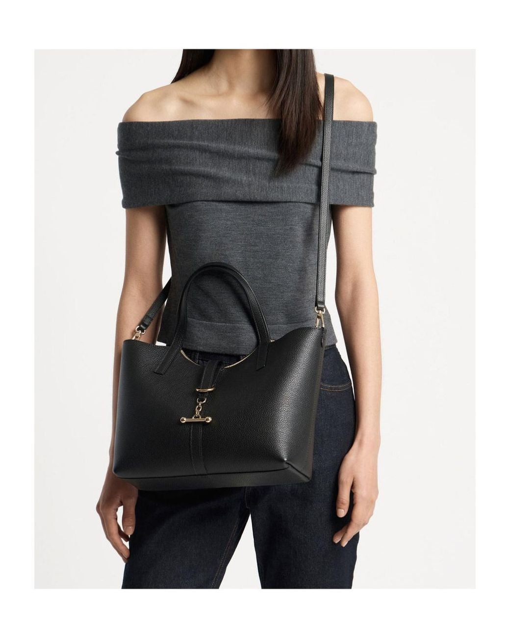 Strathberry Black Midi Kite Leather Bar-Detail Tote Bag