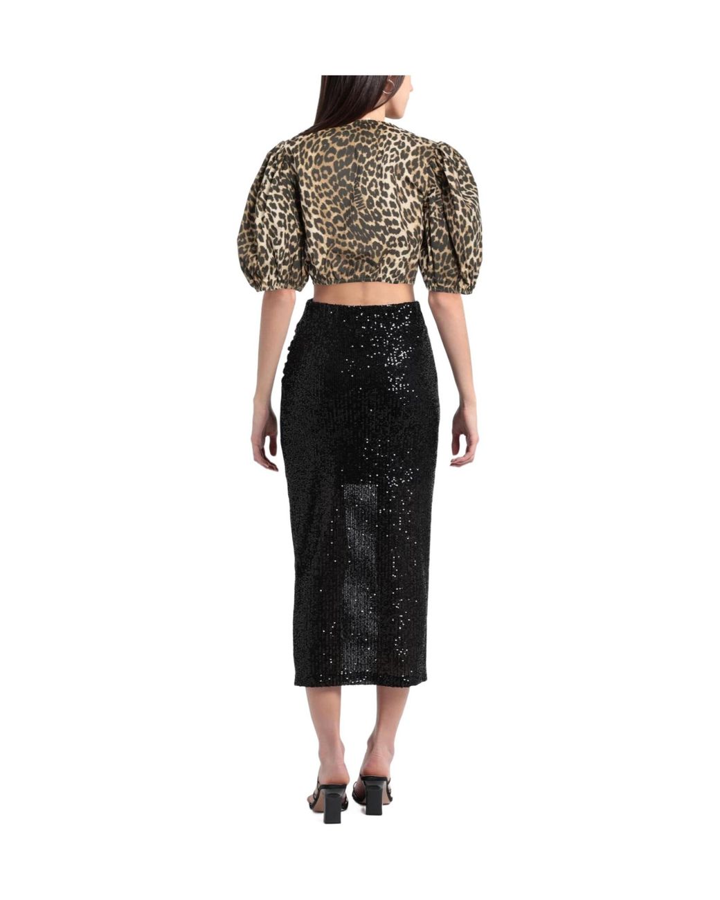 Ganni Brown Leopard Print Square Neck Short Sleeve Top