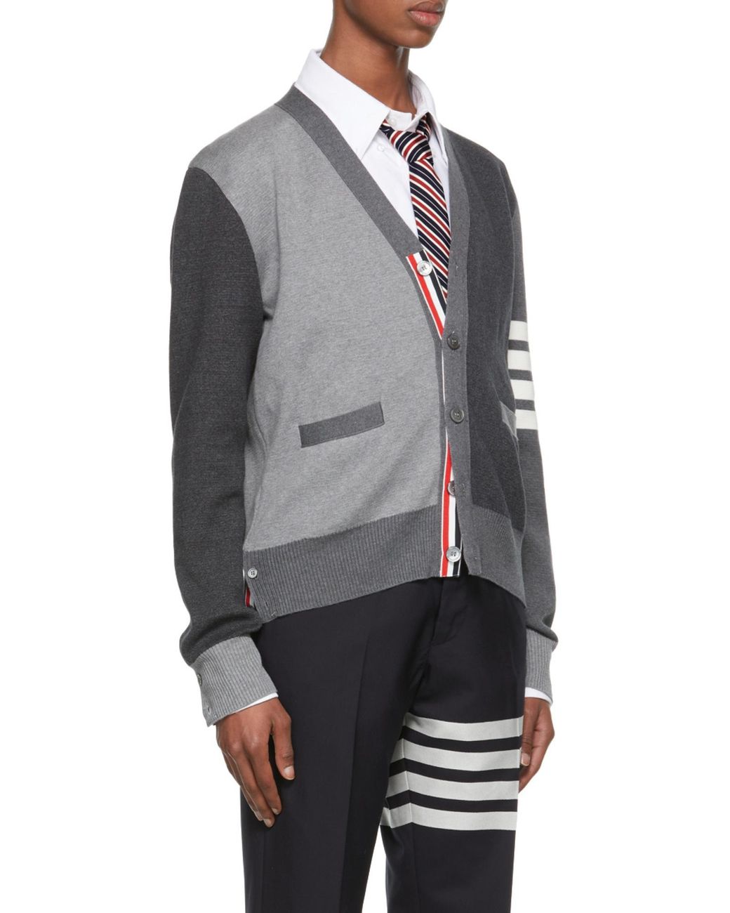 Thom Browne Gray カラーブロック V ネック カーディガン for men