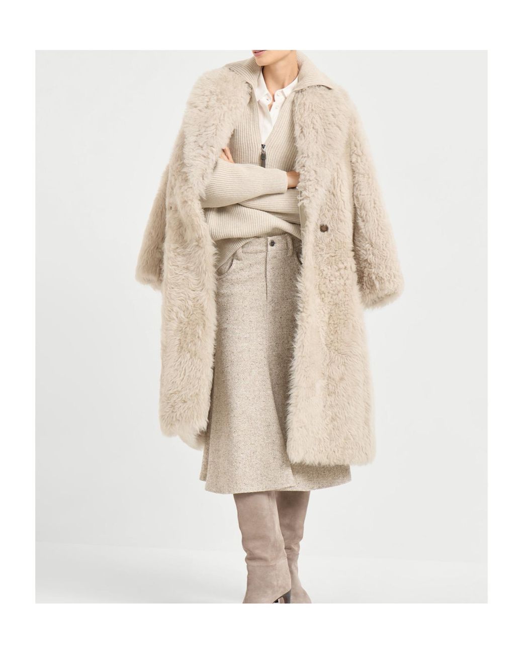 Brunello Cucinelli Natural Double-Breasted Shearling Coat