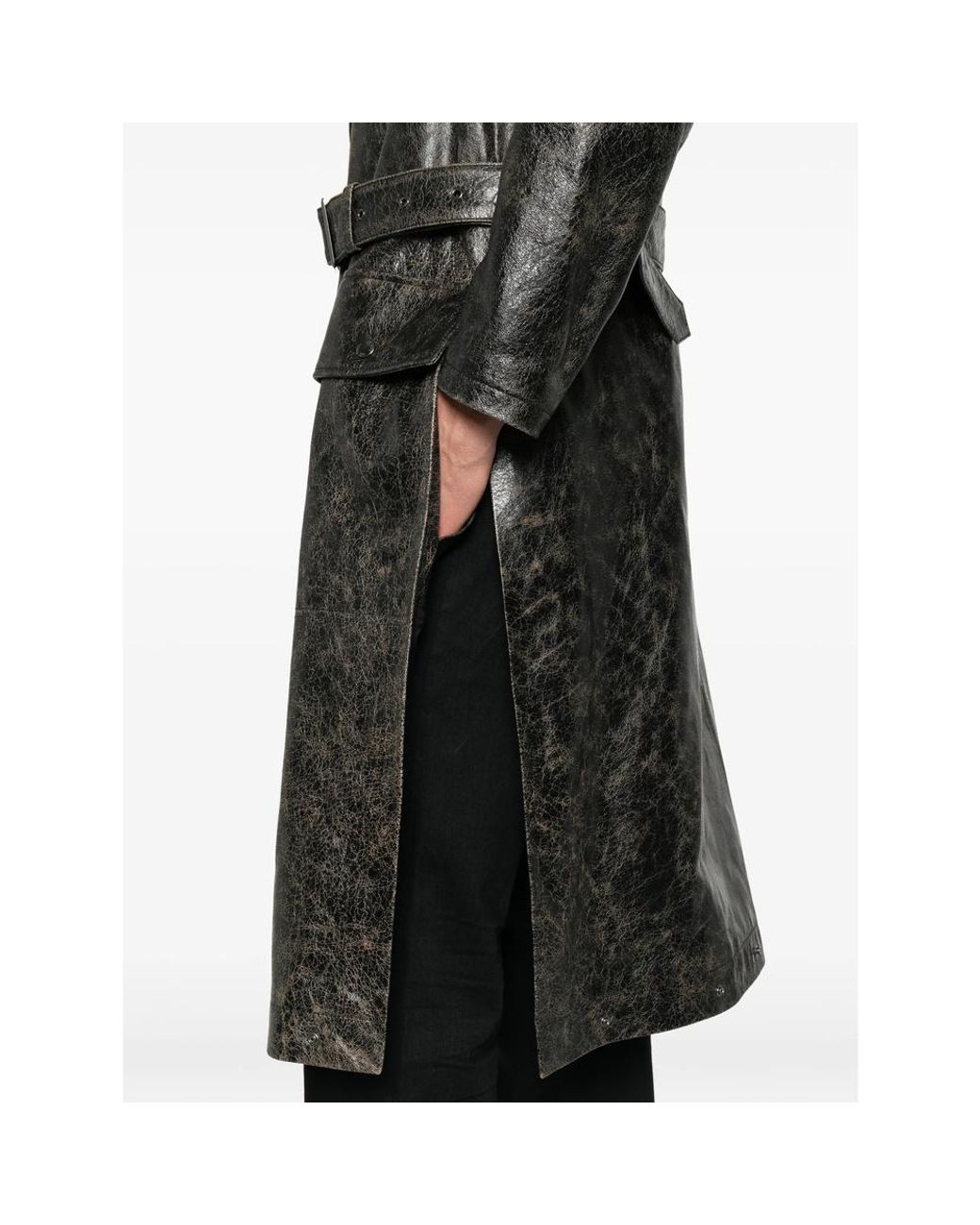 Fendi Gray Crackled Belted Leather Trench Coat for men