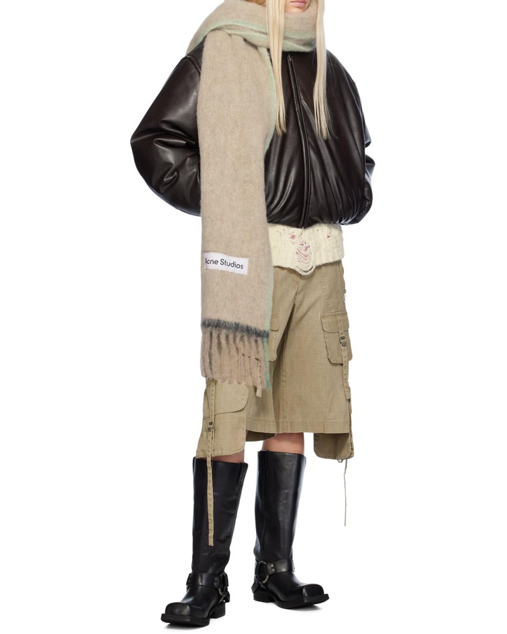 Acne White Logo Patch Fringed-Edge Scarf