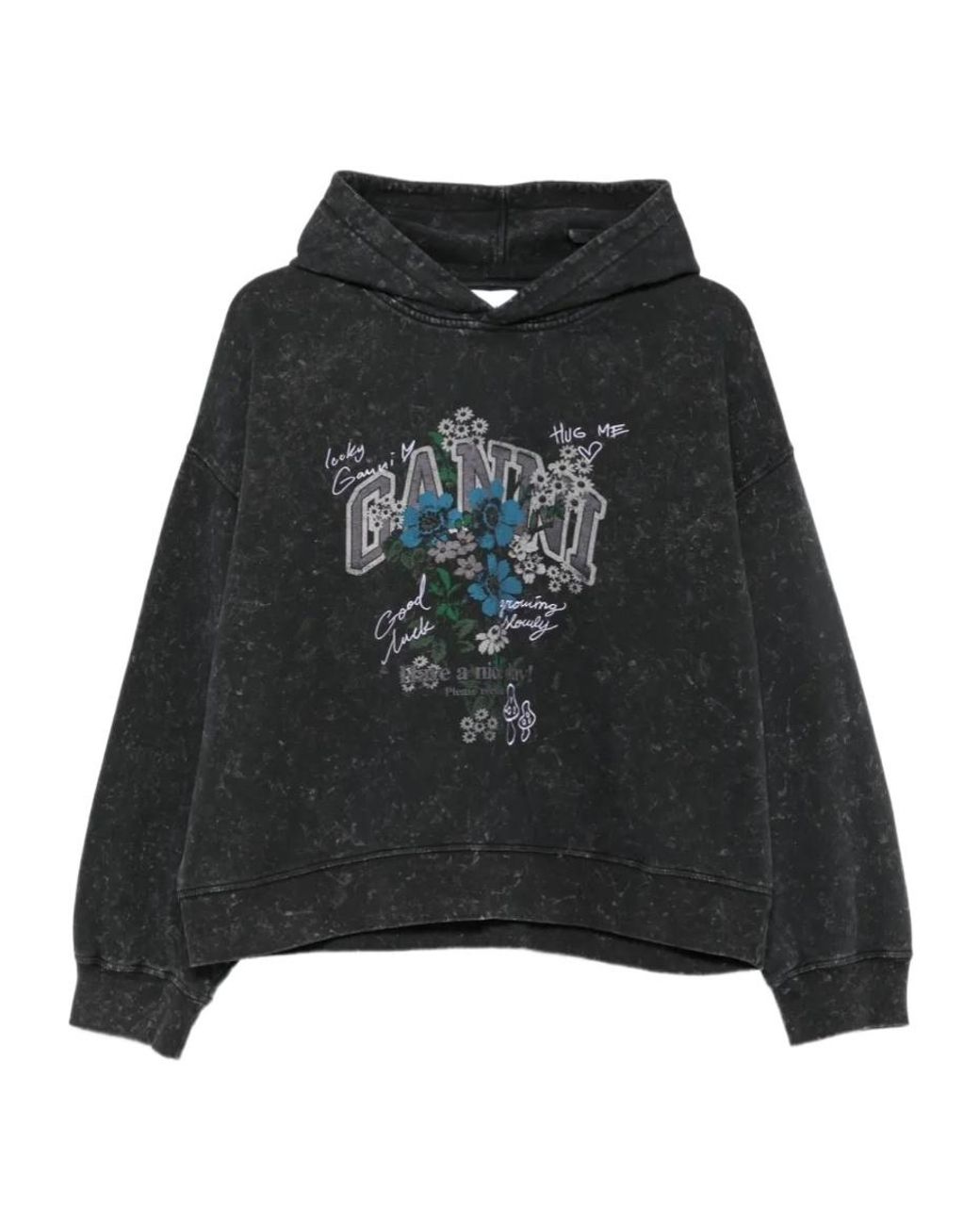 Ganni Black Isoli Cropped Printed Hoodie