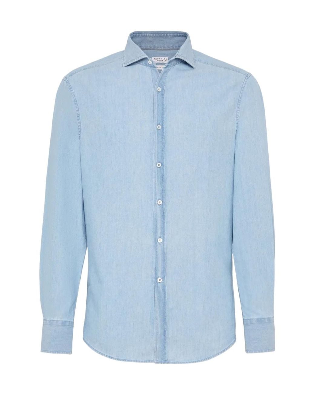 Brunello Cucinelli Blue Denim-Effect Chambray Shirt With Spread Collar for men