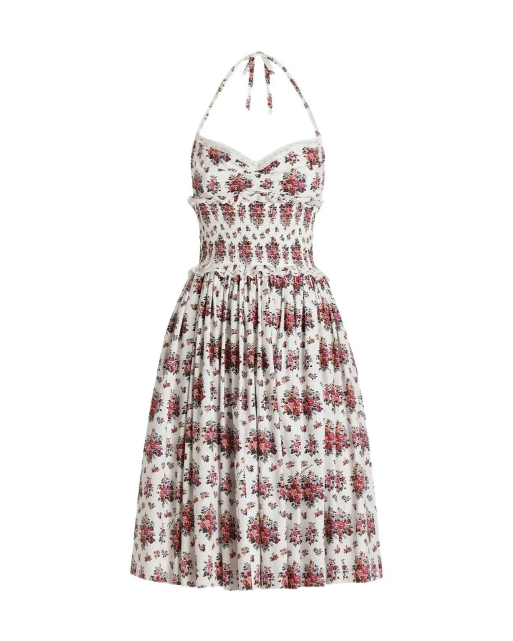 Dolce & Gabbana White Small Flower Bouquet-Printed Poplin Dress