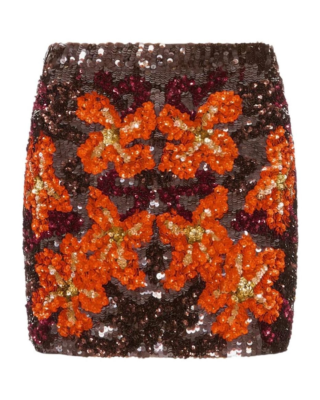 P.A.R.O.S.H. Orange Sequin-Embellished Floral Print Mini Skirt
