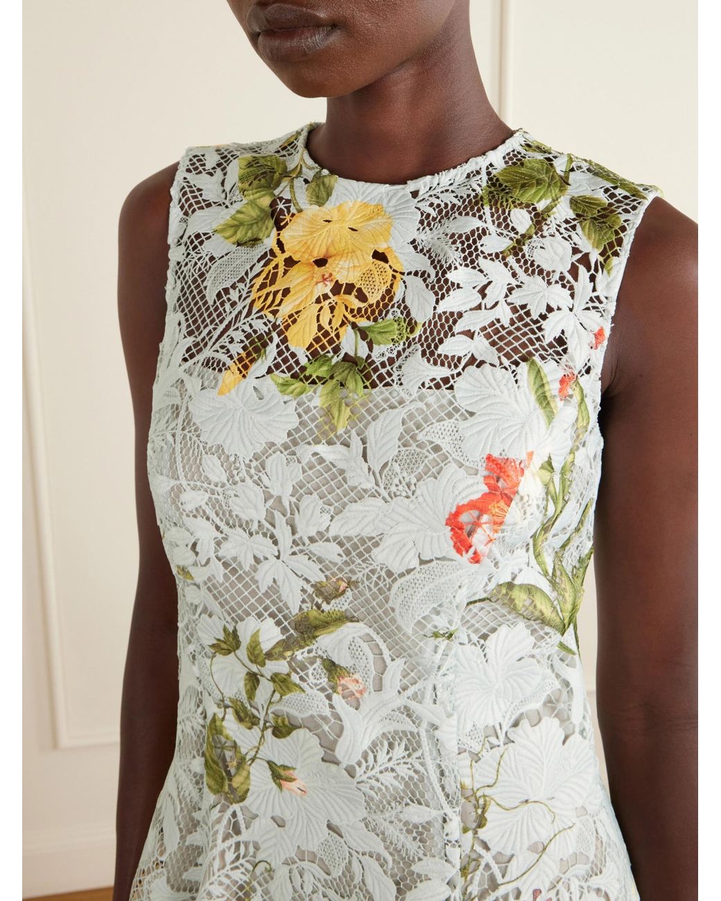 Oscar de la Renta White Floral-Print Lace Mini Dress