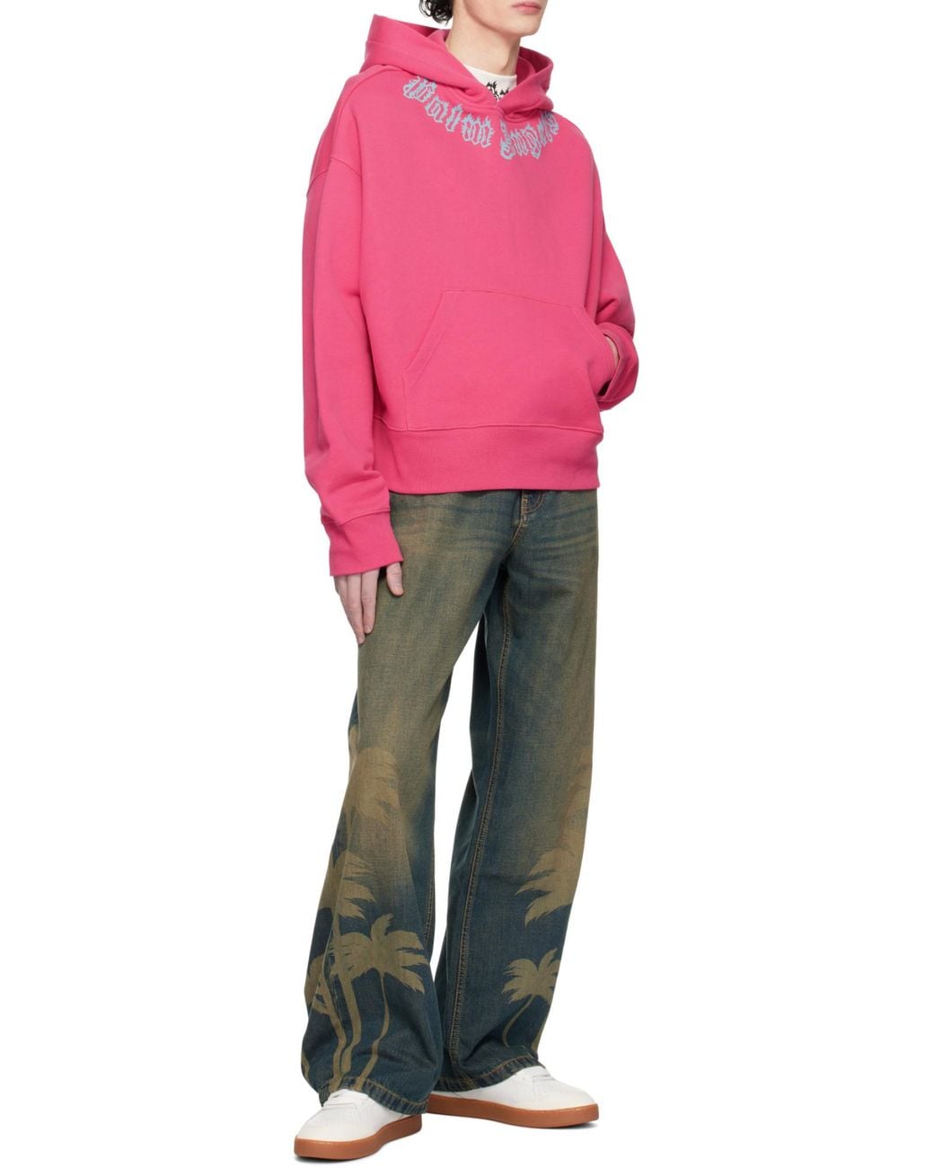 Palm Angels Green Laser Palm Wide Leg Jeans for men