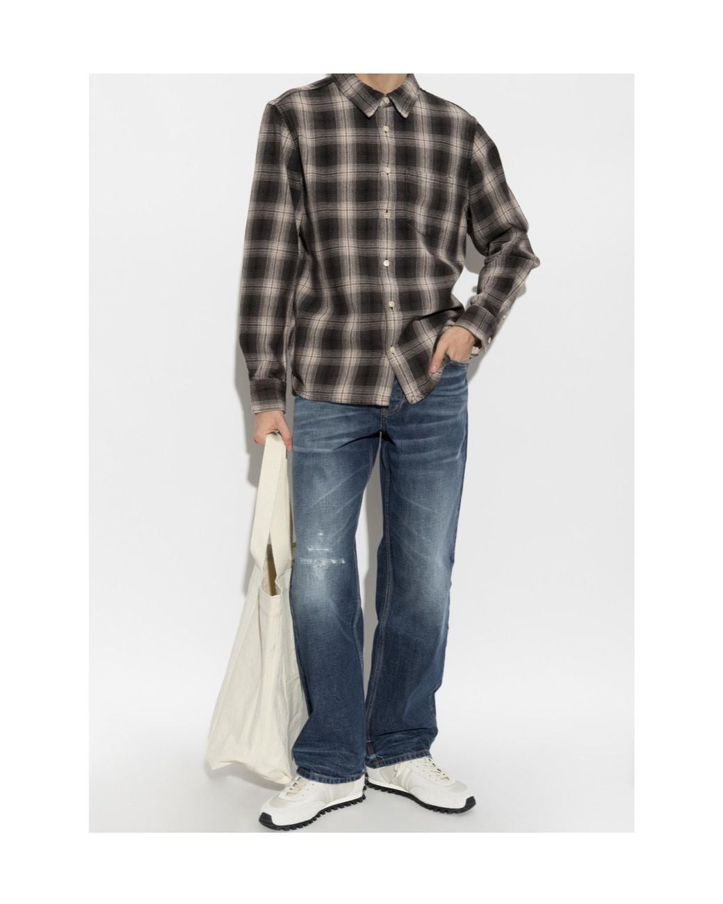 AllSaints Gray Wrent Plaid Long-Sleeve Shirt for men