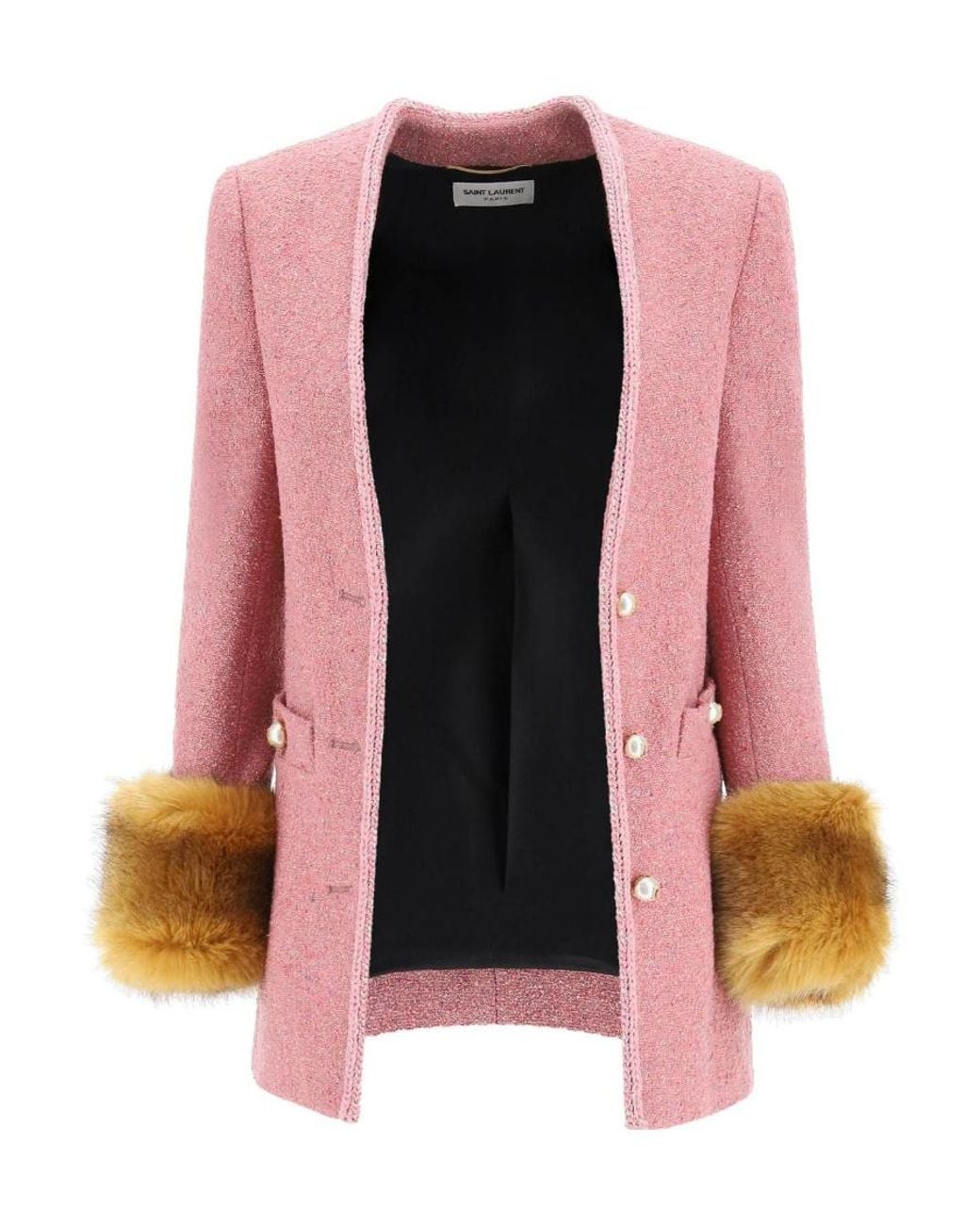 Saint Laurent Pink Faux-Fur Detail Fitted Jacket