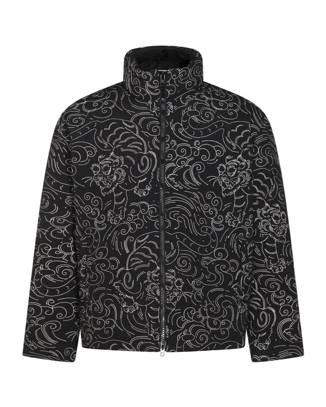 KENZO Black All-Over Printed Zip-Up Coat for men