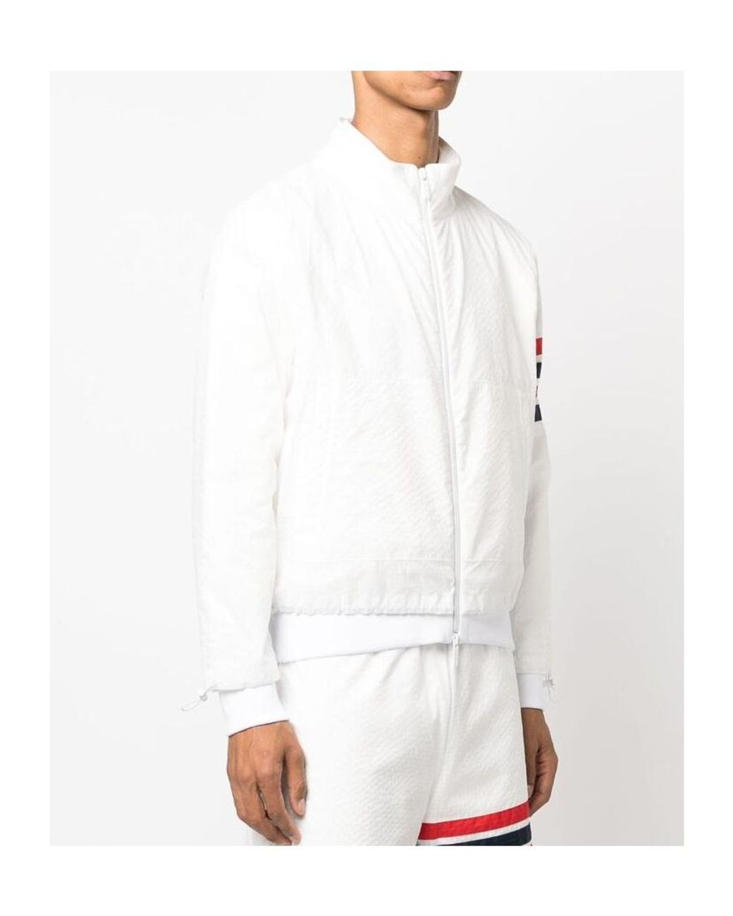 Thom Browne White Bar Striped Zipped Ripstop Jacket for men