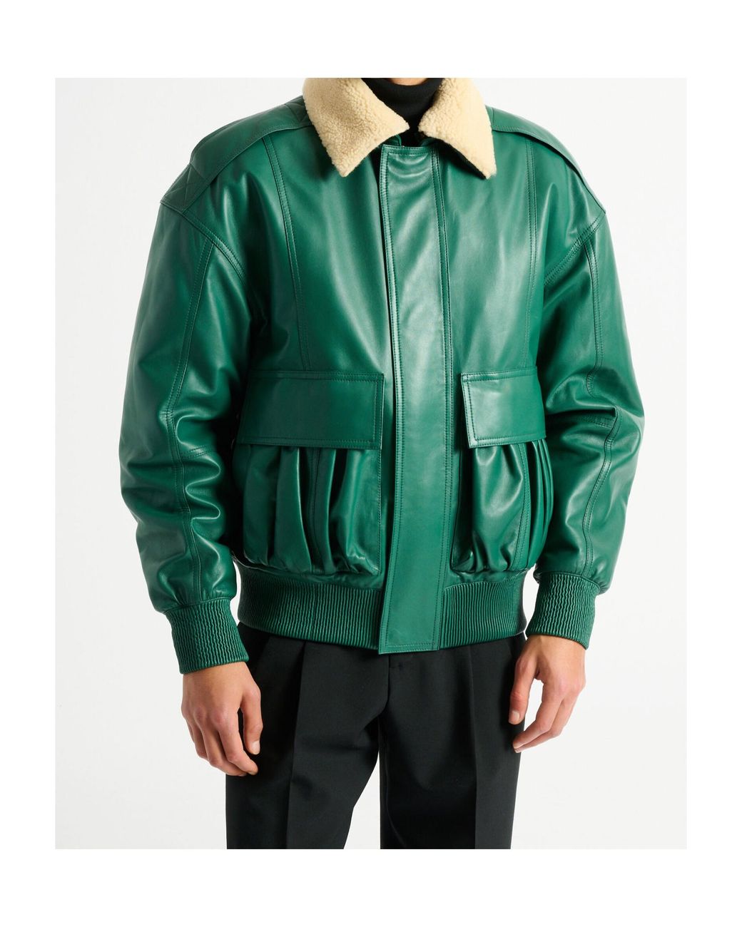 Balmain Green Shearling Leather Bomber Jacket for men