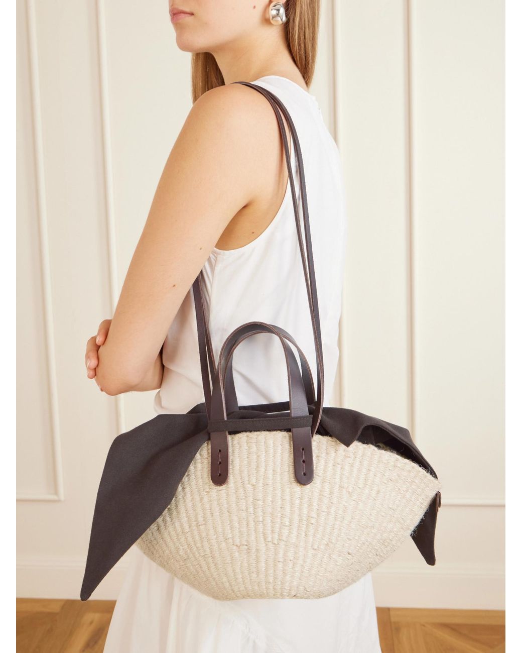 Muuñ Natural Leather And Cotton-Trimmed Raffia Mini Tote