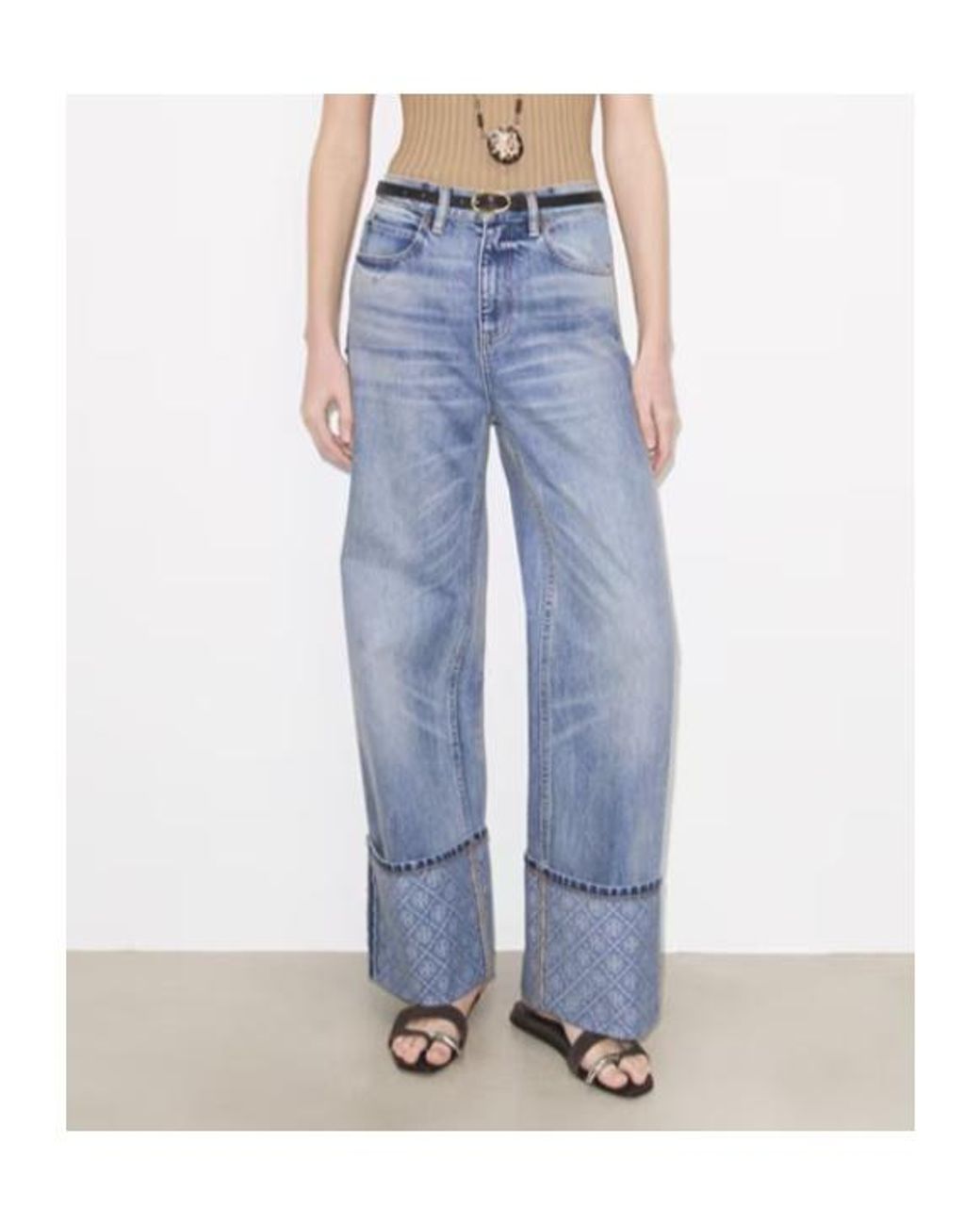 Tory Burch Blue Contrast Cuff Straight Leg Jeans