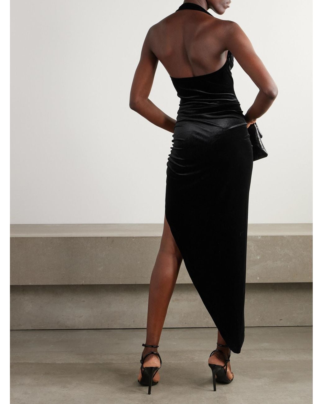 Norma Kamali Black Cayla Asymmetric Ruched Velvet Halterneck Gown