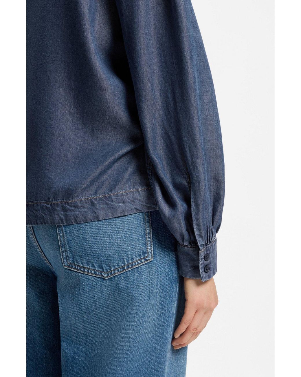 Boss Blue Denim-Look Blouse With Scarf Detail
