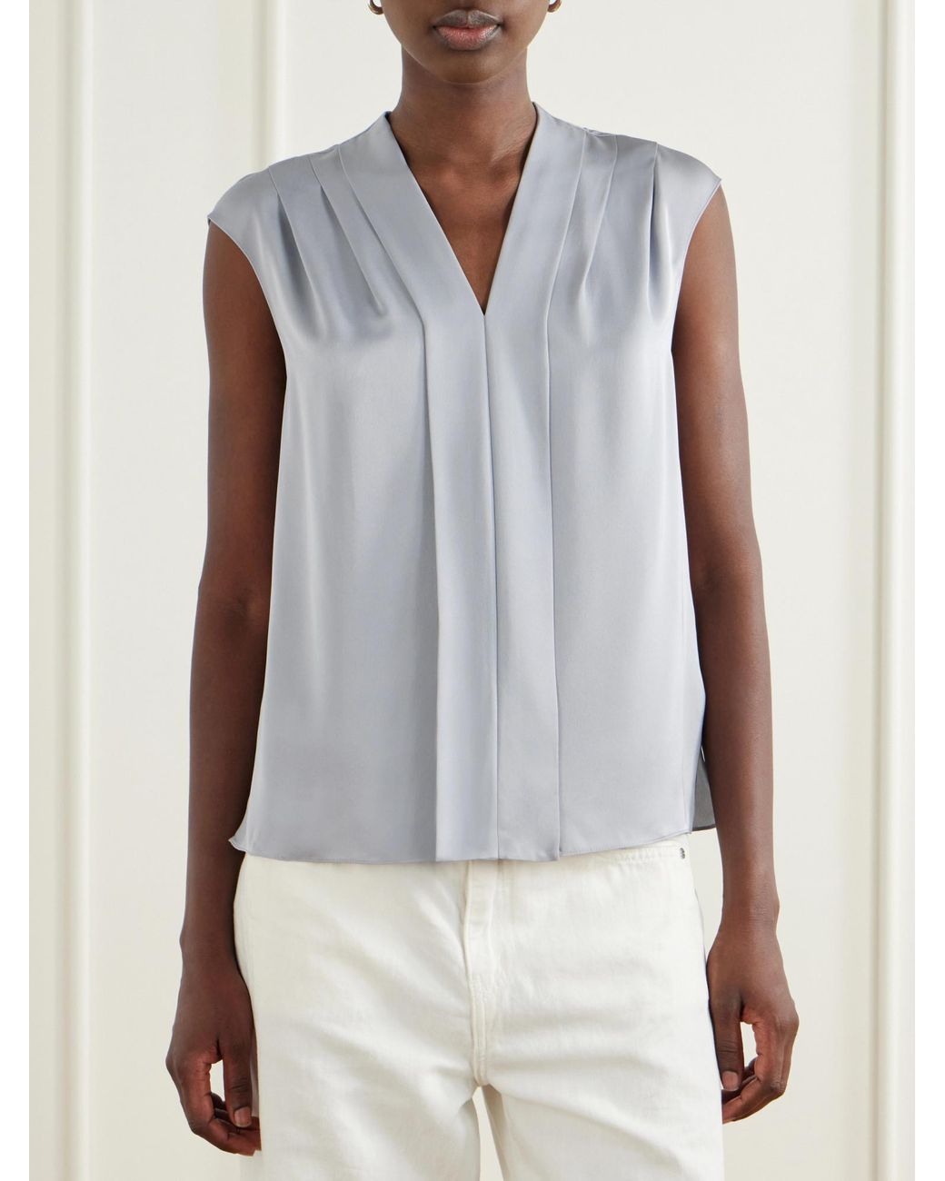 Theory Blue Pleated Silk-Satin Blouse