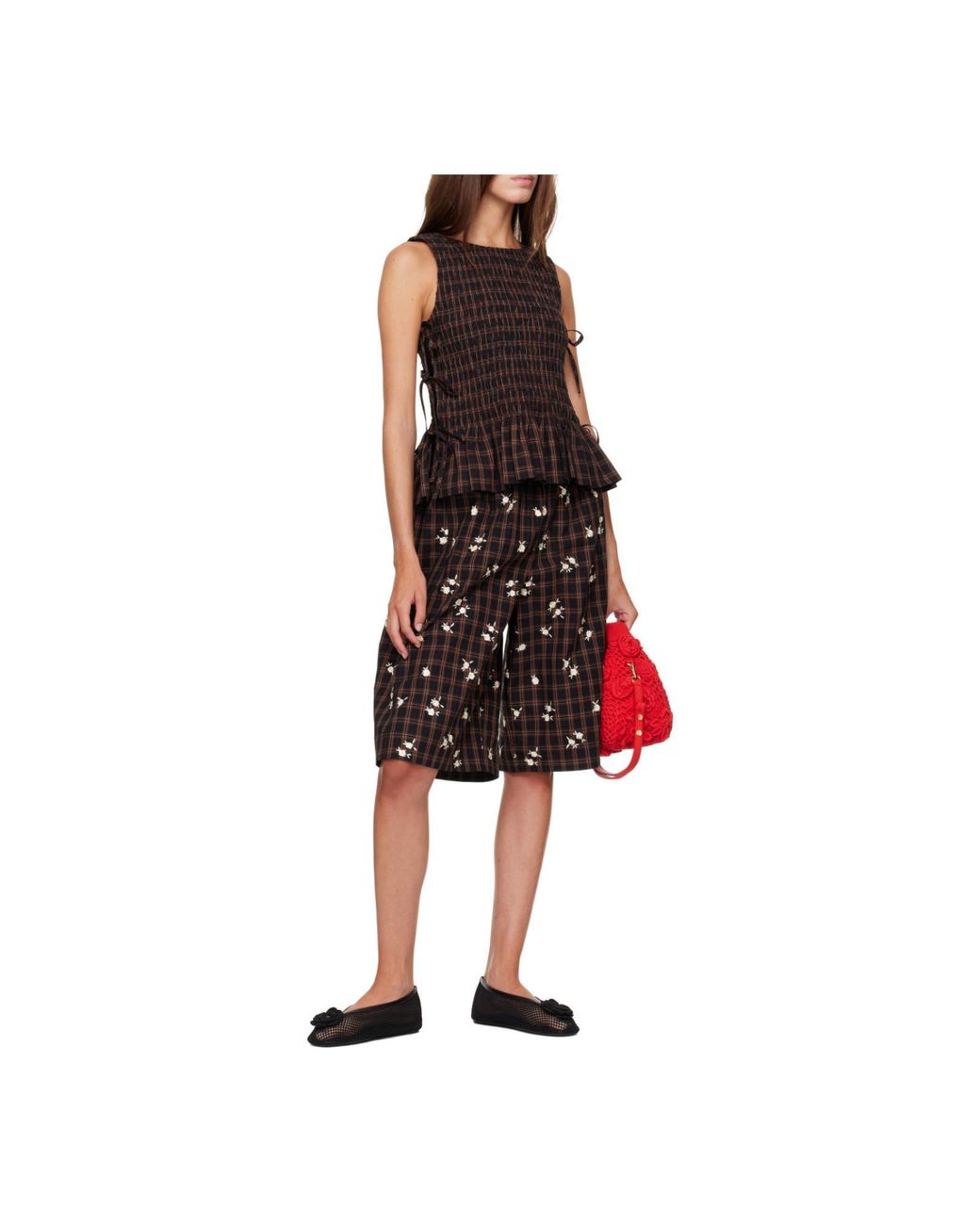 Ganni Black Smocked Check Lace-Up Top