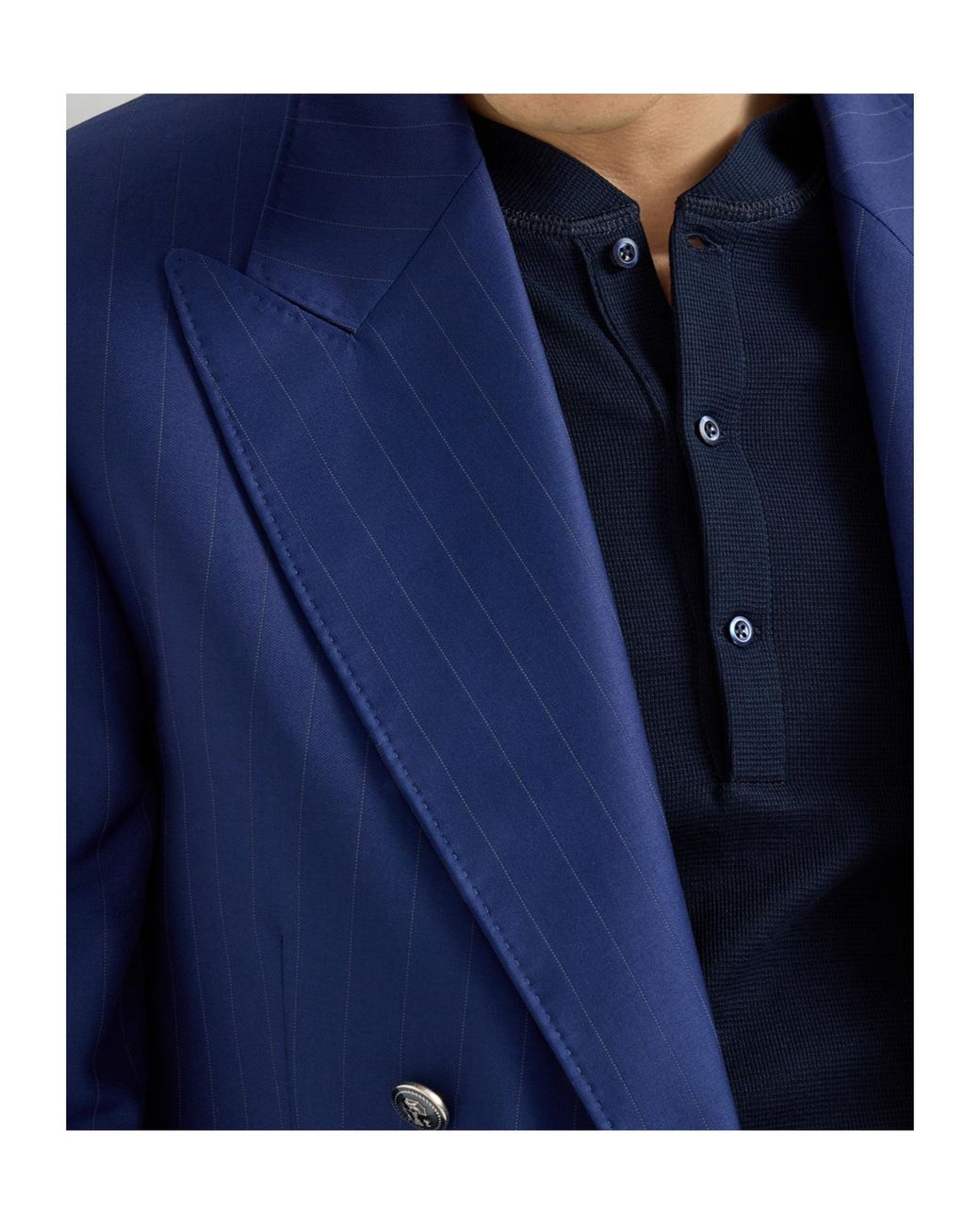 Brunello Cucinelli Blue Virgin Wool Chalk Stripe Batavia One-And-A-Half Breasted Tailor Blazer With Metal Buttons for men